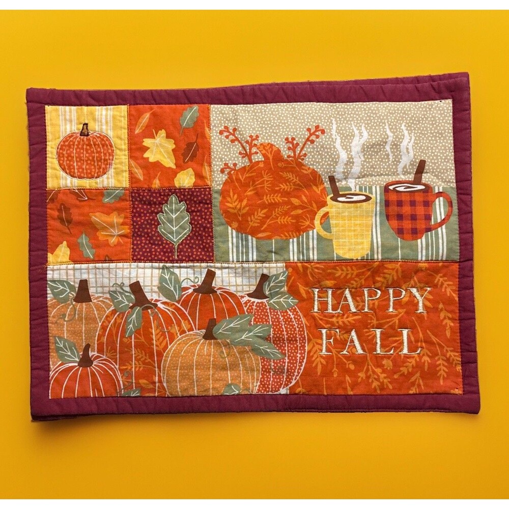 Vtg Patchwork Cotton 4 Placemats 17.5x13" Fall Countrycore Pumpkin Leaves